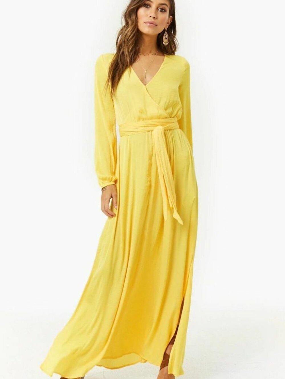 Forever 21 Hunter Yellow Belted Surplice Maxi Dress S/M